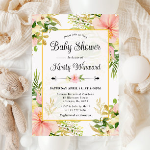 Watercolor Pink Tropical Flowers Baby Shower Invitation