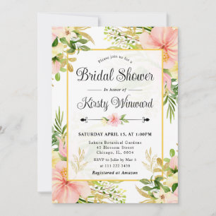 Watercolor Pink Tropical Flowers Bridal Shower Invitation