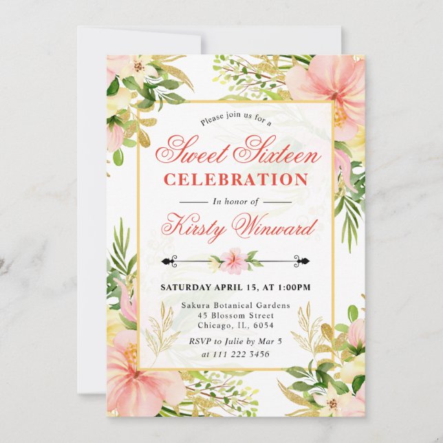 Watercolor Pink Tropical Flowers Sweet Sixteen Invitation (Front)