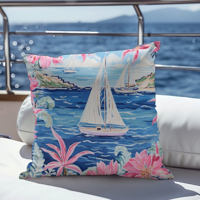 Watercolor Pink Tropical Sailboat Coastal Outdoor  Cushion (Creator Uploaded)
