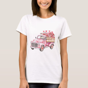 watercolor Pink Truck With Hearts and flowers  T-Shirt