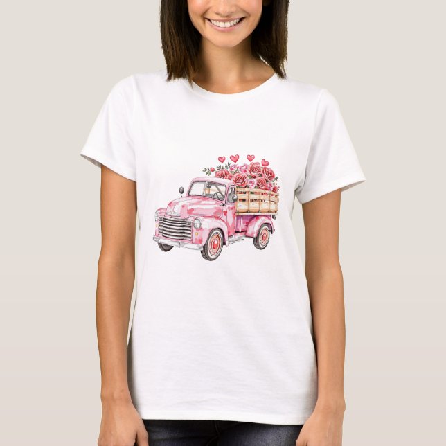 watercolor Pink Truck With Hearts and flowers  T-Shirt (Front)