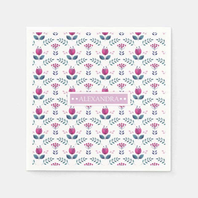 Watercolor Pink Tulip chic design monogram Napkin (Front)