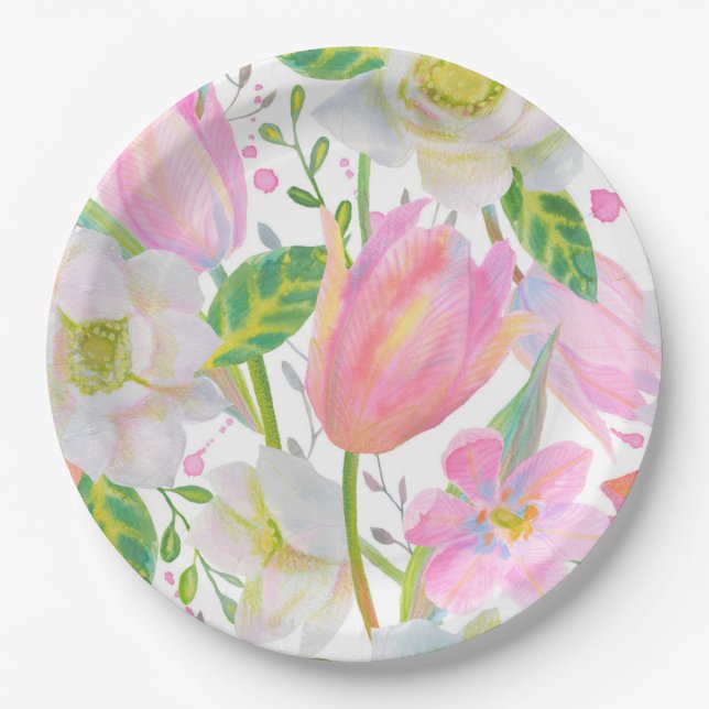 Watercolor Pink Tulip Pattern Party Paper Plate (Front)