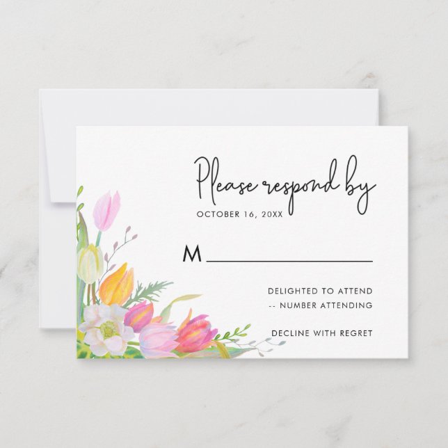 Watercolor Pink Tulip Script Wedding RSVP Card (Front)