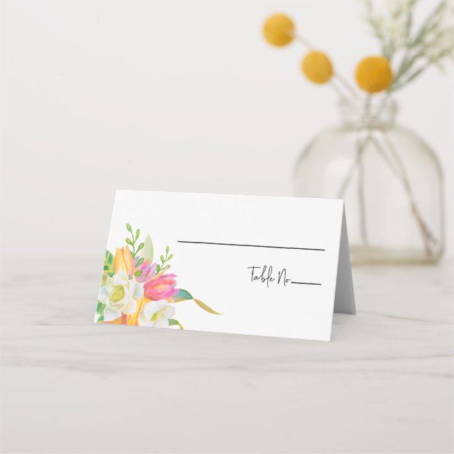 Watercolor Pink Tulip Wedding Monogram Place Card (Front)