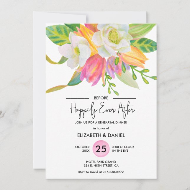 Watercolor Pink Tulip Wedding Rehearsal Dinner Invitation (Front)