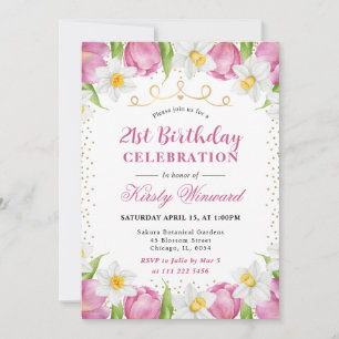 Watercolor Pink Tulips and Daffodils Birthday Invitation