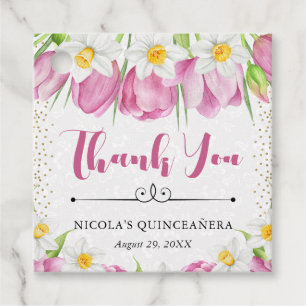 Watercolor Pink Tulips and Daffodils Quinceanera Favour Tags