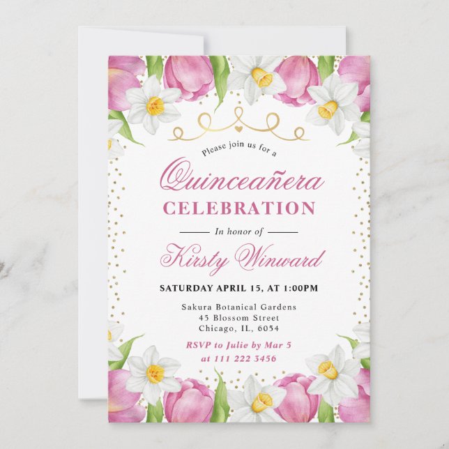 Watercolor Pink Tulips and Daffodils Quinceanera Invitation (Front)