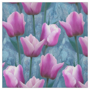 Watercolor Pink Tulips & Blue Stucco Fabric