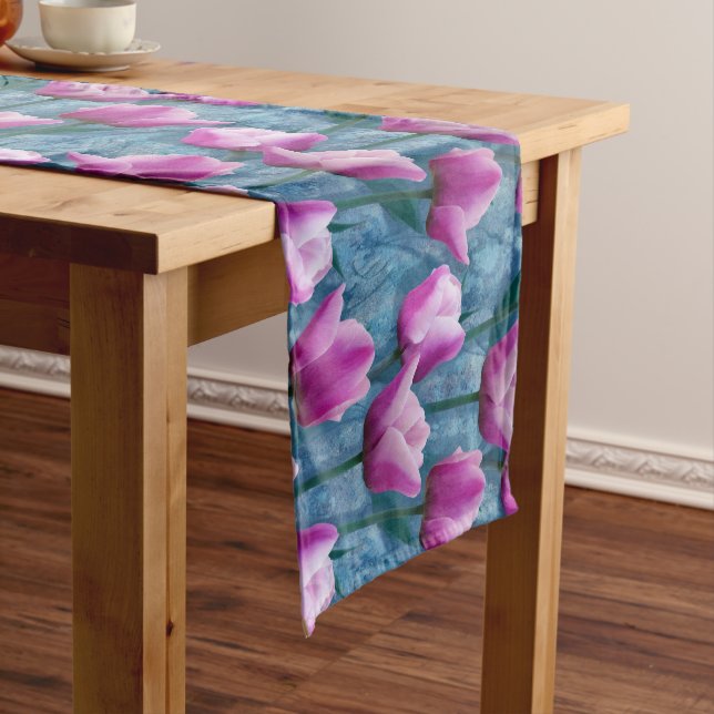 Watercolor Pink Tulips & Blue Stucco Short Table Runner (In Situ)
