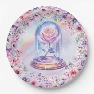 Watercolor Pink Unicorn and Fairy Rose in Globe Paper Plate