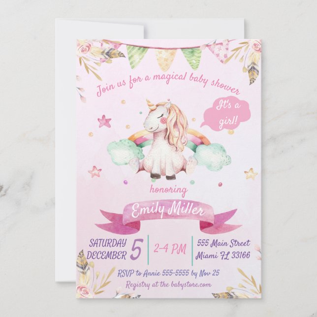 Watercolor Pink Unicorn Baby Shower Invitation (Front)