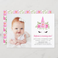 Watercolor Pink Unicorn Floral 1st Birthday Photo