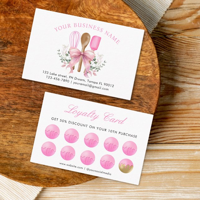 Watercolor Pink Utensils Bakery  Loyalty Card (Creator Uploaded)