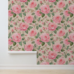 Watercolor Pink Victorian Roses Greenery on Cream Wallpaper