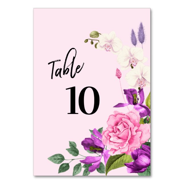 Watercolor Pink Violet Floral Modern Script Table Number (Front)