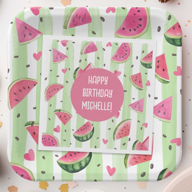 Watercolor Pink Watermelon, Summer Girl Birthday Napkin (Cute Pink Watercolor Watermelon pattern, Girl Summer Party Napkins.)