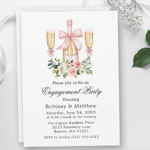 Watercolor Pink White Floral Bow Engagement Party Invitation