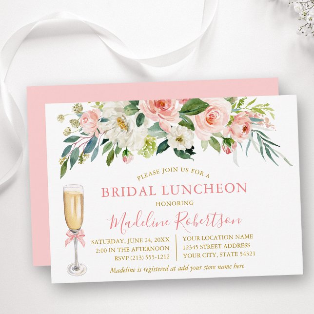 Watercolor Pink White Floral Bridal Lunch Gold  Invitation (Customize to change text color, text style or color of back of card.)