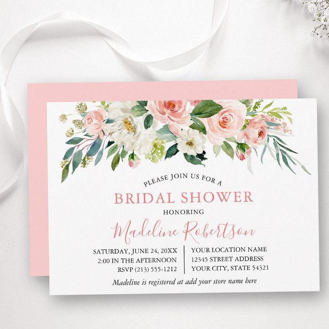 Watercolor Pink White Floral Bridal Shower Invitation (Customize to change text size, color, style or color of back of card.)