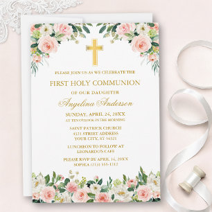 Watercolor Pink White Floral Communion Gold Invitation