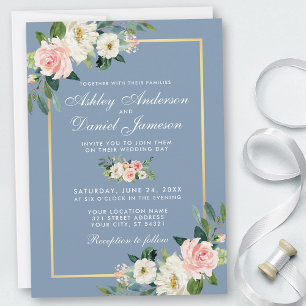 Watercolor Pink White Floral Dusty Blue Wedding Invitation