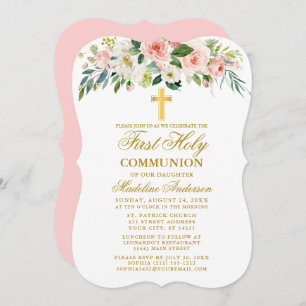 Watercolor Pink White Floral First Communion Gold Invitation