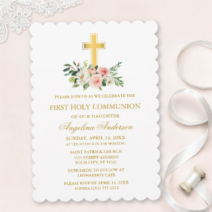 Watercolor Pink White Floral Gold Cross Communion Invitation
