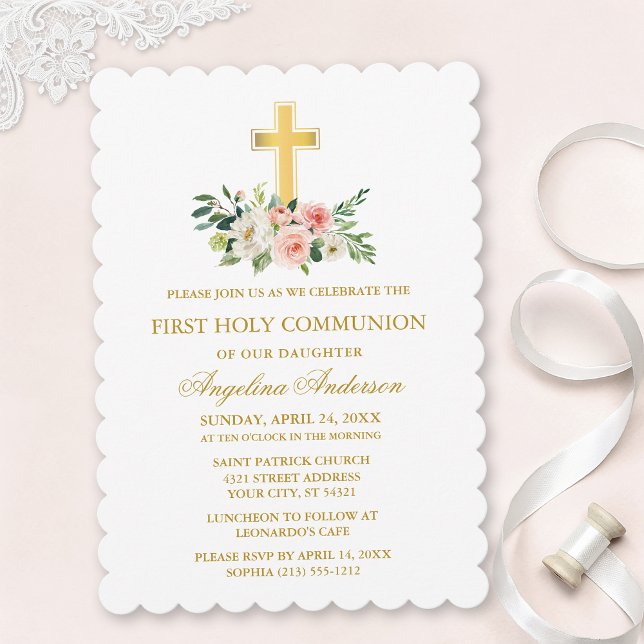 Watercolor Pink White Floral Gold Cross Communion Invitation (Customize to change text size, text style or color.)