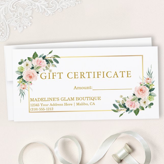 Watercolor Pink White Floral Gold Gift Certificate (Customize to change text size, style, color or to add text to back of certificate.)