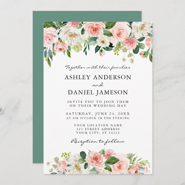 Watercolor Pink White Floral Greenery Wedding Invitation (Front/Back)