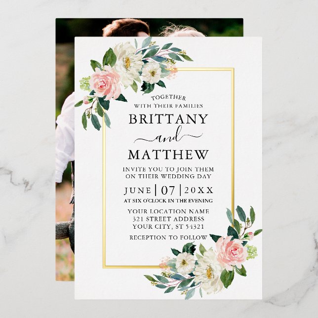 Watercolor Pink White Floral Photo Wedding Gold (Front/Back)