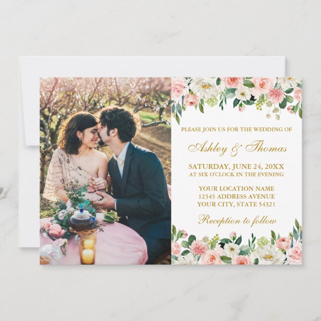 Watercolor Pink White Floral Photo Wedding Gold Invitation (Front)