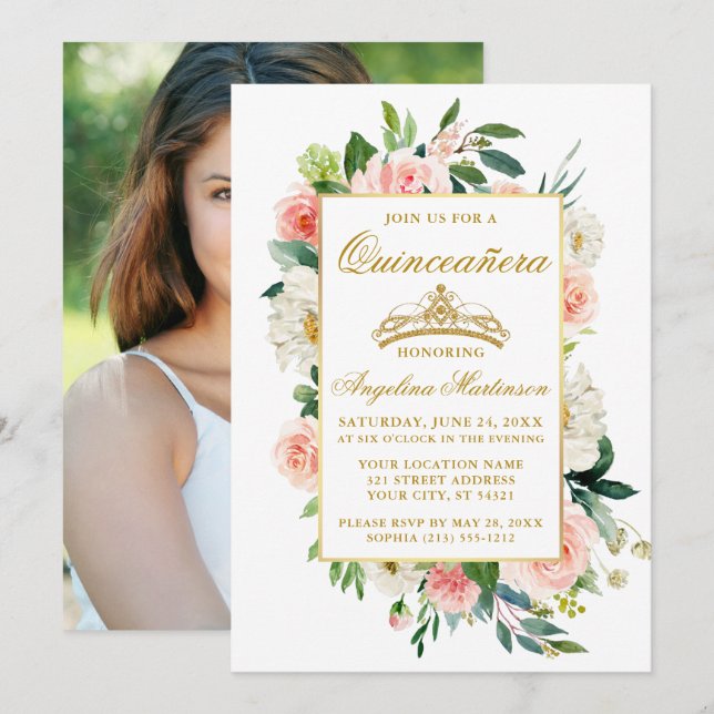 Watercolor Pink White Floral Quinceanera Photo  Invitation (Front/Back)