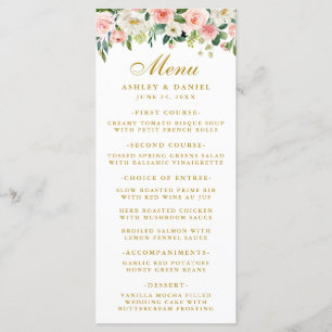 Watercolor Pink White Floral Wedding Gold Menu