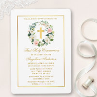 Watercolor Pink White Floral Wreath Gold Communion