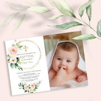 Watercolor Pink White Flowers Girl Photo Baptism I Invitation