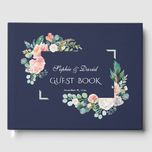 Watercolor Pink White Flowers Green Frame Wedding Guest Book