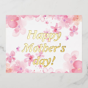 Watercolor pink white flowers mother day wish foil holiday postcard