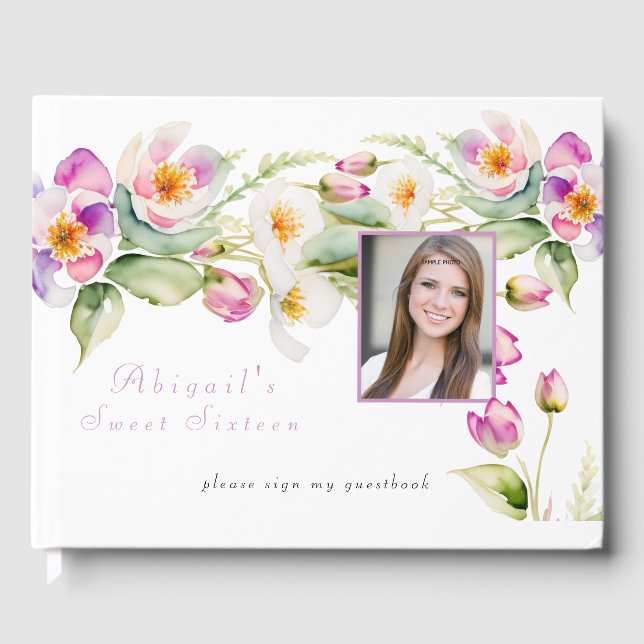 Watercolor Pink White Flowers Sweet Sixteen  Guest Book (Front)