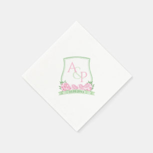 Watercolor Pink White Green Floral Couples Crest Napkin