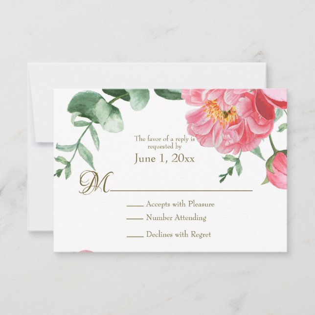 Watercolor Pink & White Peonies Floral RSVP (Front)