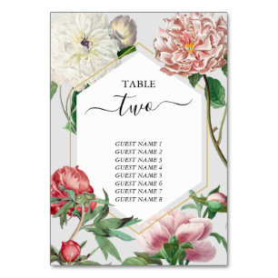 Watercolor Pink White Peonies Flowers Wedding Table Number
