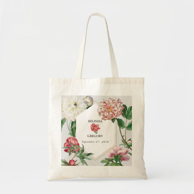 Watercolor Pink White Peonies Flowers Wedding Tote Bag (Front)