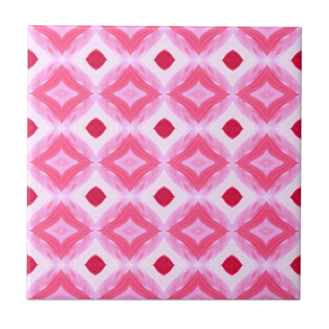 Watercolor Pink White Red Diamonds Tile (Front)