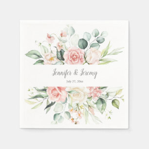 Watercolor Pink White Roses and Eucalyptus Napkin