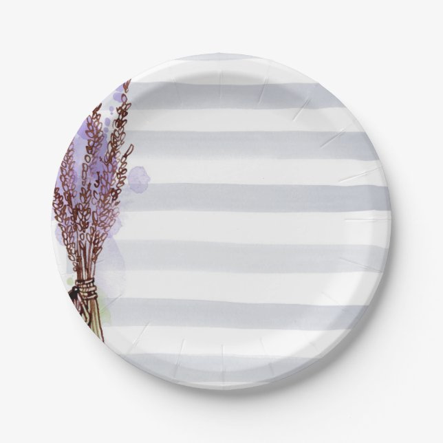 Watercolor Pink & White Stripes Floral Paper Plate (Front)