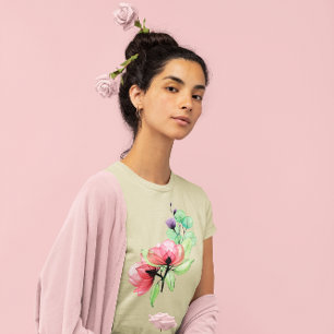 Watercolor Pink Wild Roses Purple Wild Flowers T-Shirt